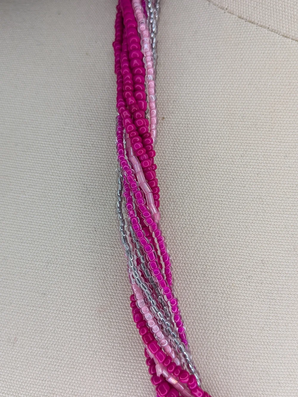 CORI Pink Silver Twisted Multi Strand Seed Bead Torsade Necklace Barbiecore
